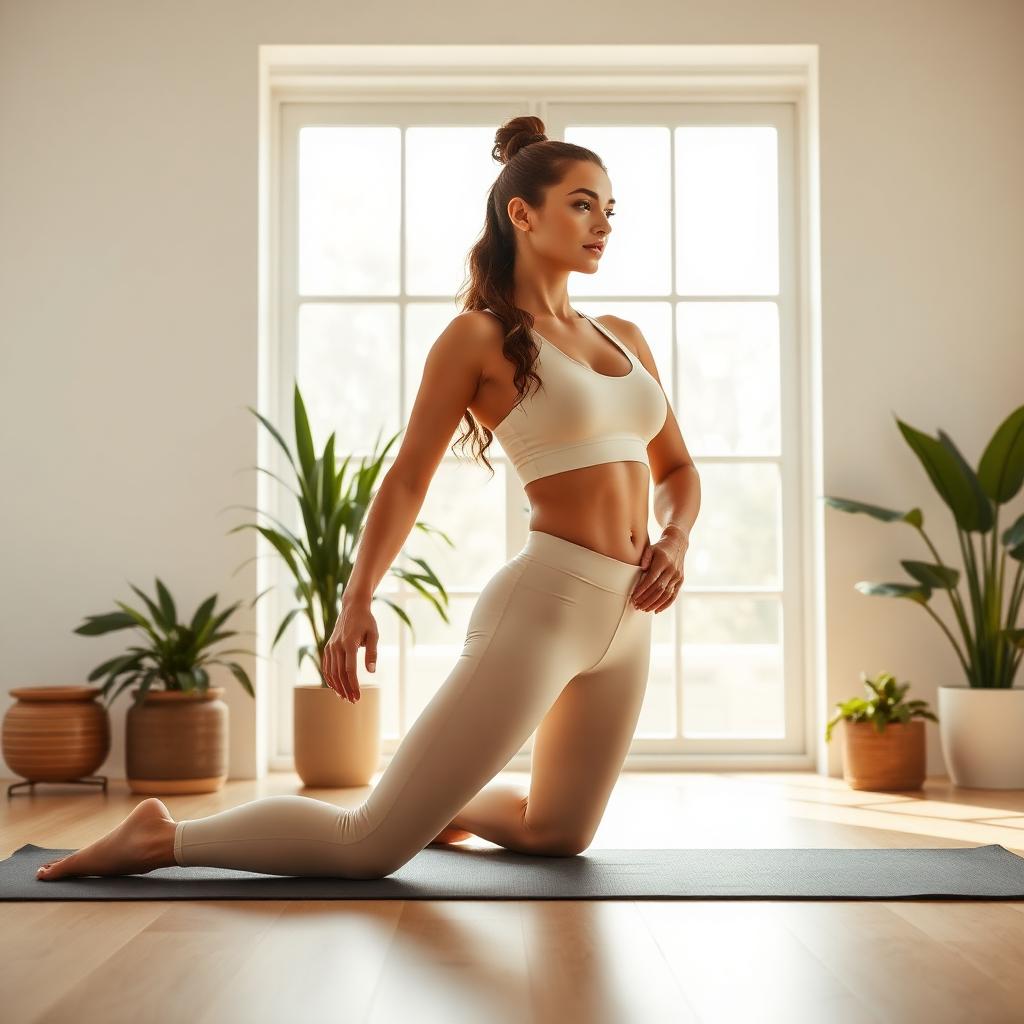 Woman practicing yoga in a sunlit studio