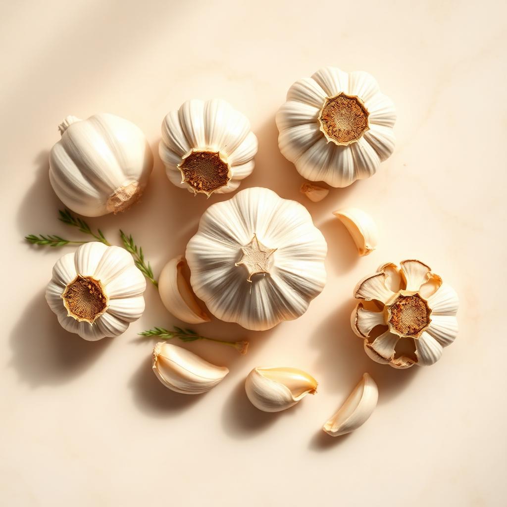 Fresh garlic bulbs and cloves on ivory marble